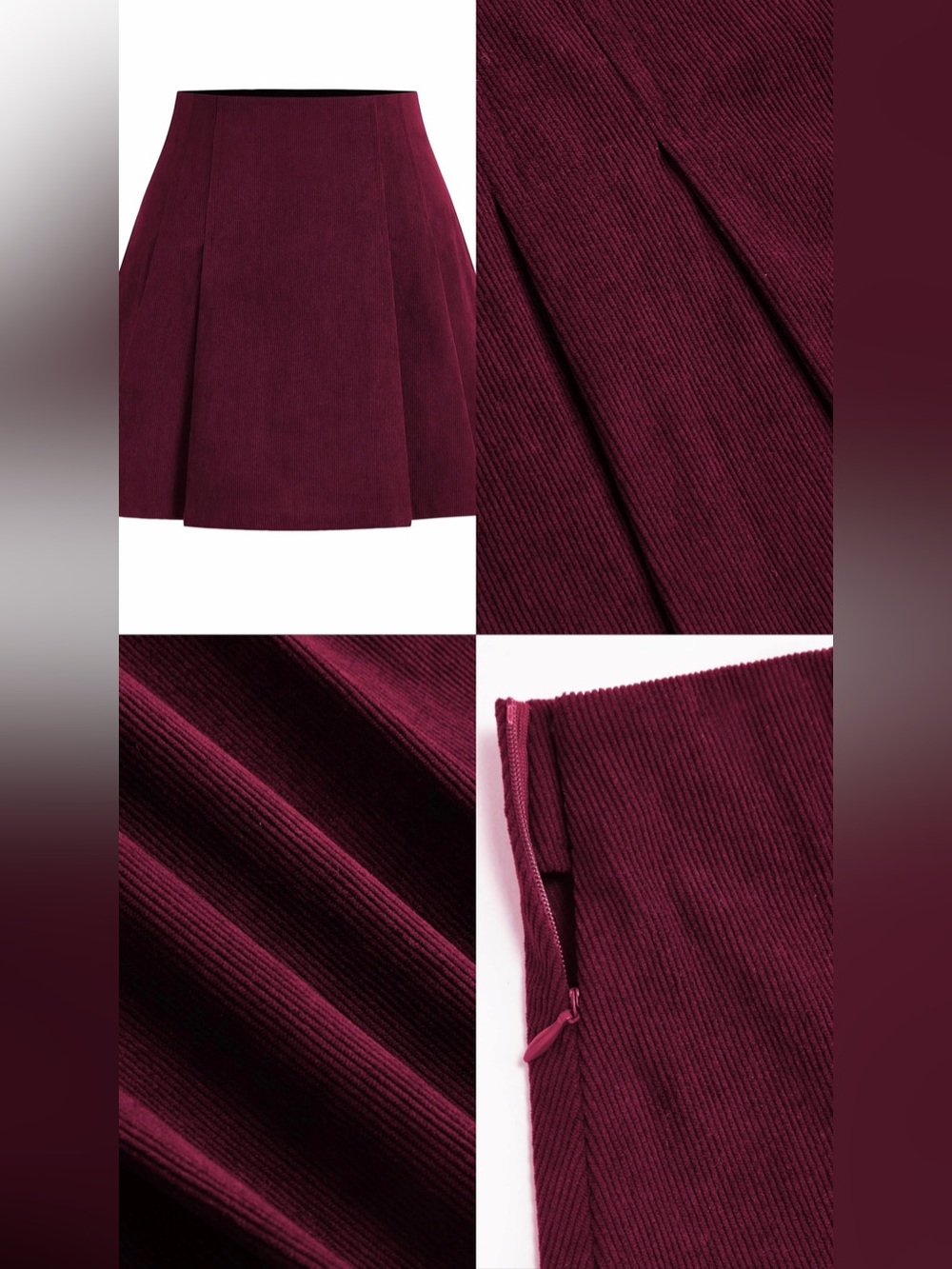 Cider Corduroy Pleated Skater Mini in Burgundy